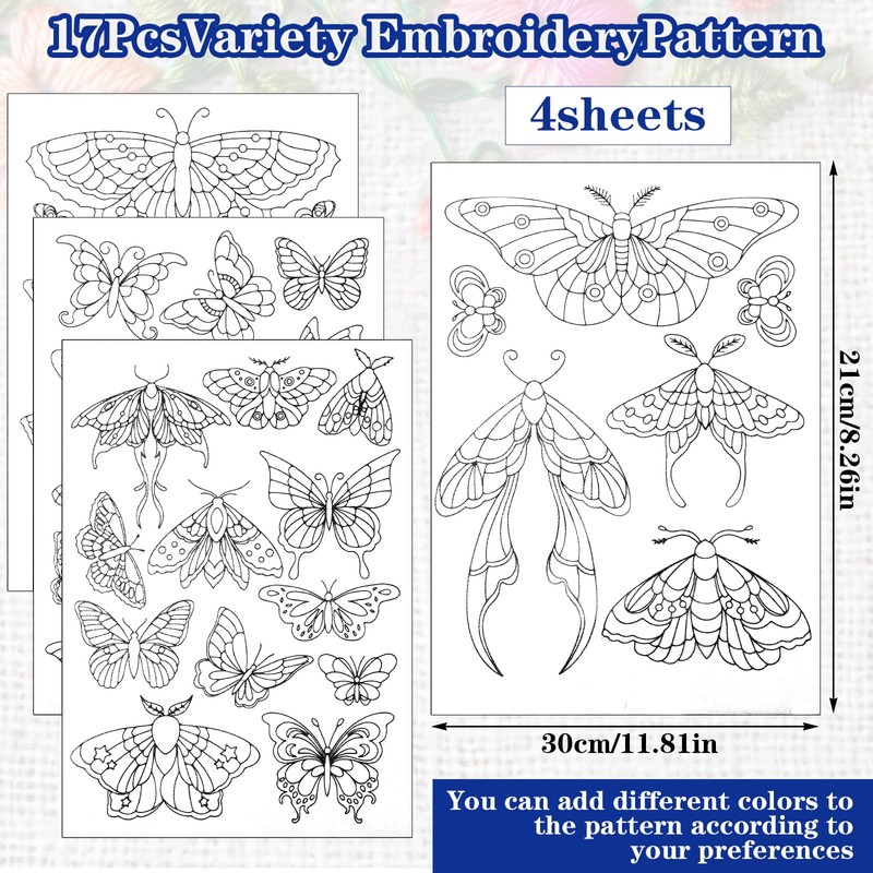 4 Sheets Stick and Stitch Embroidery Paper Patterns, Butterflies Stabilizer