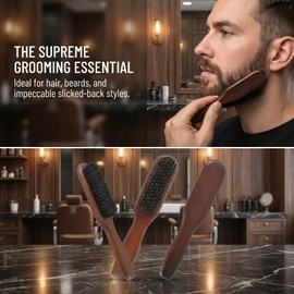 Boar Bristle Hair Brush & Rat Tail Comb - Slick Back Hair Brush for Women & Men, Detangling Styling for Edges, Beard Brush for Men, Wooden Handle Parting for Fine & Thick Hair