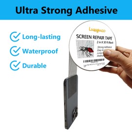 Lussgucc Black Window Screen Repair Tape,2 in X 30 FT(360IN) Screen Repair Kit for Window and Door Screen,Strong Adhesive Window Screen Patch Waterproof Fiberglass Screen Tape Mesh Repair