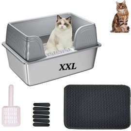 Suhaco Extra Large Stainless Steel Litter Box with Lid XXL High Sided Cat Litter Boxes Included Litter Mat & Litter Scoop Anti-Urine Leakage Metal Pet Toilet for Big Cats (Grey XXL)