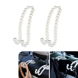 Arwrilt 2 PCS Car Pearl Seat Headrest Hook, Car Hangers Organizer Purse Hook, Strong Load Headrest Hooks, Multifunctional Hook Decoration for Car Organizer (White)