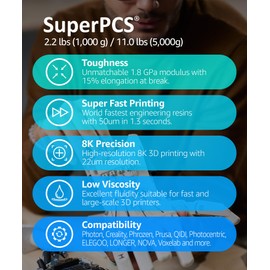 SuperPCS 3D Printer Resin, Toughest and Fastest, 50um 1.8GPa Print in 1.5 sec, Made in Korea by 3DMaterials (5000g, White)