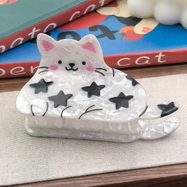 White Cat Design Hair Claws for Medium Thick Hair Non Slip 3.5" Cute Stars Cat Hair Clip Women Girls Hair Accessories, Stars Cat