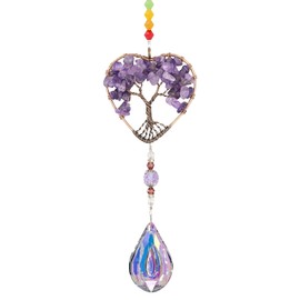 Heart Shaped Sun Catcher Crystal Pendent, Tree of Life Natural Chakra Healing Crystal Stone, Spiritual Gifts for Ladies Girls, Crystal Stones for Decorating Room, Windows and Cars (Purple)