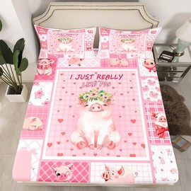 Manfei Cute Pig Kids Fitted Sheet Single Size, Cartoon Animal Theme Bed Cover, Pink Lattice Patchwork Bedding Set for Girls Adult Bedroom Decor, Lightweight Bedding, 1 Pillowcase