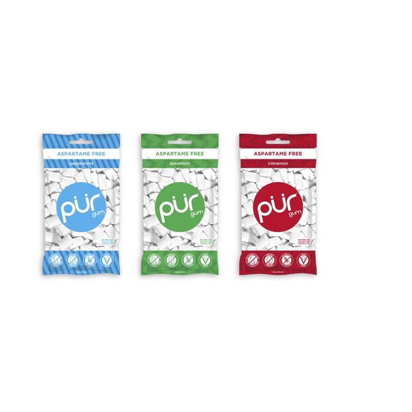 PUR 100% Xylitol Chewing Gum, Variety Pack, Peppermint Spearmint and Cinnamon, Pack of 3, Sugar-Free + Aspartame Free, Vegan + Non GMO