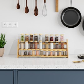 NiHome Cabinet & Countertop Expandable 3-Tier Bamboo Spice Rack for Spices, Jars, Office Supplies, Adjustable Length 12.6"-23.6" Multi-Purpose Natural Bamboo Organizer for Kitchen, Pantry, Bathroom