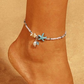 Boho Starfish Anklet Bracelet Vintage Conch Ankle Bracelet Pearl Dangle Anklets Minimalist Bead Anklet Foot Chain Jewelry for Women (Blue, One size)