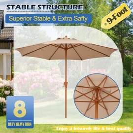 Sunnyglade 9FT Outdoor Patio Umbrella, Market Table Umbrella with 8 Sturdy Ribs and Crank System, Fade-resistant & Waterproof for Garden Backyard Poolside Deck (Tan, 9FT)