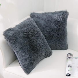 NordECO HOME Pack of 2 Faux Fur Cushion Covers 50 x 50 cm Luxury Fluffy Decorative Fuzzy Square Throw Pillow Case 20 x 20 for Sofa Decor Dark Grey