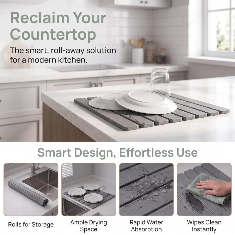 Foldable Diatomite Dish Drying Mat for Kitchen Counter, Gray Marble