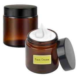 2 Pcs Amber Glass Jars, 100ml Empty Cosmetic Jars with Lids und Inner Liners, Travel Pots with Spatula and Labels for Toiletries, Cosmetics, Powder, Lotion, Creams Containers