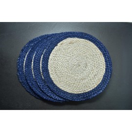 Ripaz Vogue - Round Placemats Natural Jute Fiber Handmade Rustic Look Table Top, Jute Placemats for Dining Table Coffee Table (Beige with Blue Border, 25 x 25 cm (Set of 4 Pcs))