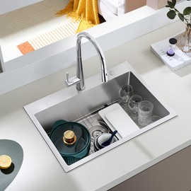 TSIBOMU Brushed 25 Inch Drop in Kitchen Sink, 18 Gauge Stainless Steel Single Bowl Kitchen Sink with 2 Faucet Holes, 9'' Deep Basin Bowl with Grid, D25" x W18" x H9"