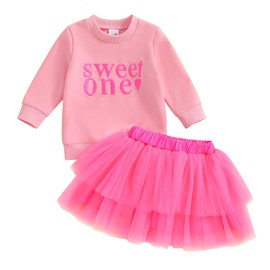 XIXIMAON Infant Toddler Girls Birthday Outfits Sweet One Embroidery Long Sleeve Jumper Sweatshirt Tulle Tutu Skirt Set My First Birthday Skirt Outfits (Pink, 6-12 Months)