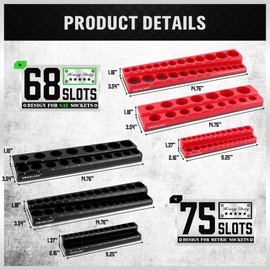 Magnetic Socket Organizer Set, 6PCS Magnetic Socket Holder, 1/4", 3/8", 1/2" Socket Holds 143 Pieces Magnetic Socket Trays (Red&black, 6 Pcs)