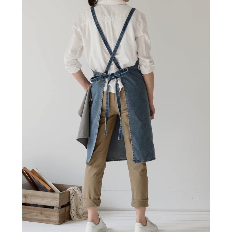 Pincy Denim Apron Cross Back Unisex Adjustable Bib Apron with
