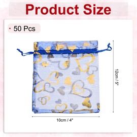 MECCANIXITY Organza Bag 4" x 5", Sheer Heart Mesh Bags Drawstring Gift Bags Bulk Party Favor Bag Jewelry Pouches for Wedding Candy Valentines (Bright Blue-Gold, Pack of 50)