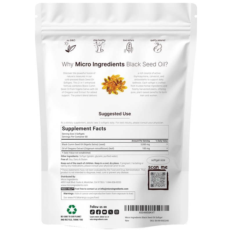 Micro Ingredients Black Seed Oil Softgels, 3,000mg, 240 Count |