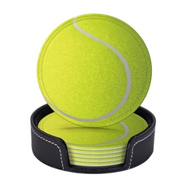 Tennis Ball Coasters for Drinks with Holder Round Leather Coasters Set of 6 Cups Mugs Mat Pad for Home Kitchen Bar
