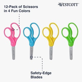 Westcott School Left and Right Handed Kids Scissors, 5" Blunt, Pack of 12, Assorted