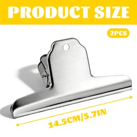 2 Pack Extra Large Bull Clips - 6.3 Inch Wide Stainless Steel Dog Food Bag Clips, Strong Clamping Force Bags Clipes, Durabledd Large Hinge Clip for Office, School, Kitchen, and Home Use ﻿