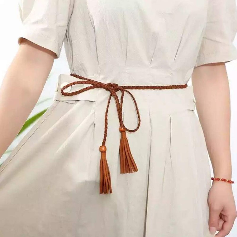 NUREINSS Women Tassel Braided Thin Waist Belt, black