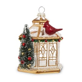 The Bridge Collection Vintage Glass Pagoda with Cardinal Ornament - Elegant Birdhouse Christmas Ornament