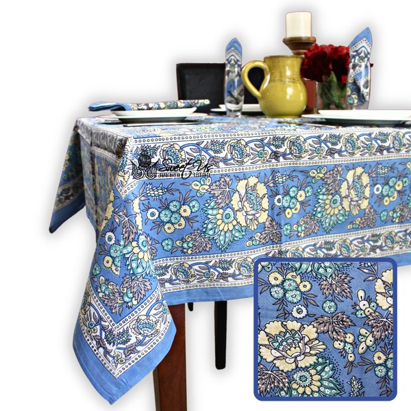 Sweet Us French Country Floral Tablecloth for Rectangle Tables, Cotton Floral Kitchen Dining Table Cloth, Linen Blue Yellow Green, Table Cover for Indoors and Outdoors