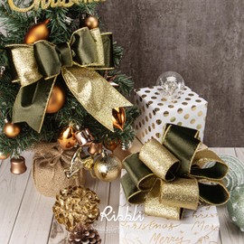 Ribbli Moss Green Velvet Ribbon Wired 2.5 Inch Glossy Velvet with Gold Glitter Christmas Ribbon for Christmas Tree Decoration Big Bow Gift Wrapping Crafts Wreaths Supplies - Continuous 10 Yards