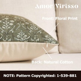 Amor Virisso Floral Pillow Covers 24x24 Inch Farmhouse Block Print Pillow Cover Accent Square Neutral Modern Decorative Throw Pillow Covers for Living Room Couch Bed Sofa Chair, Dusty Green