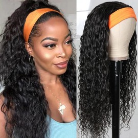 KLAIYI Headband Human Hair Wig Water Wave Curly Non Lace Front Wigs for Black Women Deep Wave Glueless Wear and Go Half Wig 30S Ready to Go Beginner Friendly 180% Density 12A Natural Hairline 22Inch