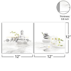 Buddha Zen Bathroom Wall Art Decor, Spa Meditation Zen Pebbles White Orchid Picture Print On Canvas Paintings, Modern Giclee Walls Artwork for Office Yoga Study Room,12"x 12"x 2 Panels
