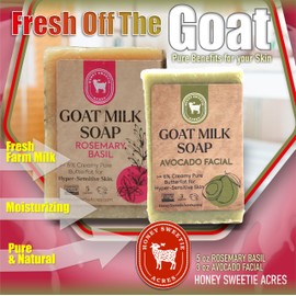 Honey Sweetie Acres Fresh of the Goat Face and Body Soap Bundle – 3 oz Avocado Facial Bar + 5 oz Hydrating Rosemary Basil Goat Milk Soap – Handcrafted and Made in USA