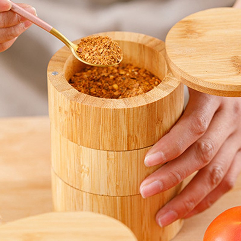 Home 3 Tier Bamboo Wood Container 3 Tier Seasoning Container