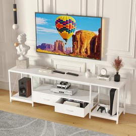 GYIIYUO TV Stand with Fabric Drawers for 55 60 65 Inches TV - Entertainment Center and Industrial TV Console Table with Open Storage Shelves for Living Room, Bedroom - 55.1" White