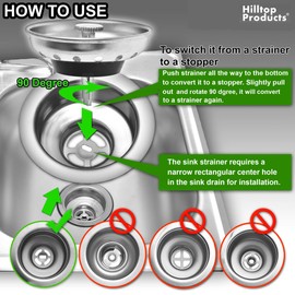 2 Pack - Kitchen Sink Strainer and Stopper Combo Basket Replacement for Standard 3-1/2 inch Drain, Stainless Steel Basket with Plastic Knob, Rubber Stopper Bottom - Hilltop Products