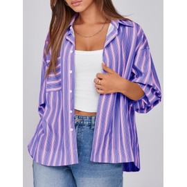 Cicy Bell Womens Striped Button Down Shirts 2024 Fall Fashion Puff Long Sleeve Loose Fitting Work Tops Pink