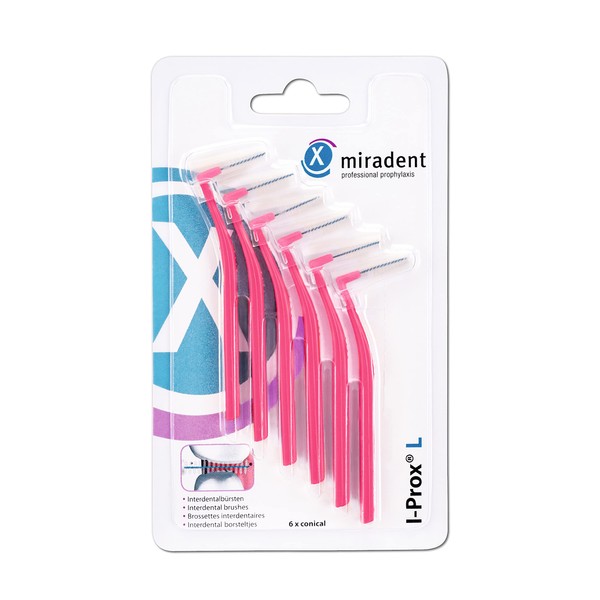 miradent I-Prox® L Interdental Brush 0.4 mm Pink xx-fine Pack of 6 for Easy Thorough Cleaning of Interdental Spaces in Pocket Format with Hygienic Protective Cap Ideal for on the Go