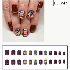 Thanksgiving Press on Nails Fall Short Square Fake Nails with Designs Turkey Brown Glue on Nails 24 Pcs Reusable Stick on Nail for Women WYFHDT