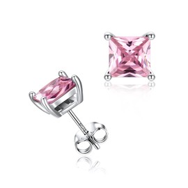 Silvora S925 Silver Birthstone Stud Earrings - 6mm Wide Princess Cut October Pink Crystal Stud Earrings for Women