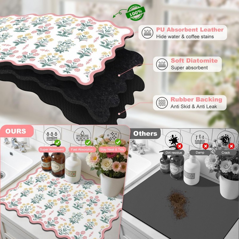 1 Pack Scalloped Floral Dish Drying Mat, 12"x20" Coffee Mat