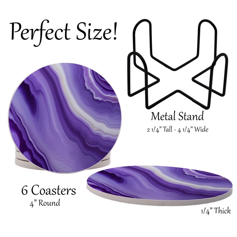 Purple Agate Marble Round Coasters Set of 6 - Abosrbent