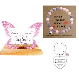 Meaningful Sister Gift Set - Heartfelt Sister Birthday Gifts, Love You to the Moon & Back - Acrylic Display and Pink Zebra Jasper Piece Pink