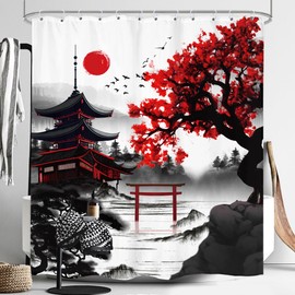 LIGHTINHOME Japanese Cherry Blossom Shower Curtain 60Wx72H Inches Watercolor Black Red Floral Asian Chinese Mountain Sun Anime Fabric Waterproof Polyester Bathroom Home Decor Set with Hooks