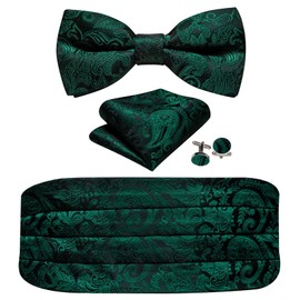 YOHOWA Dark Green Black Cummerbund Bow Tie for Men Floral Silk Pre-Tied Bowtie Handkerchief Cufflinks Set Formal Wedding Party Prom