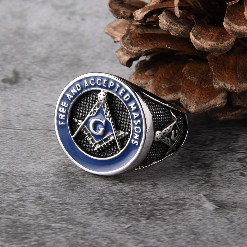 INRENG Men's Stainless Steel Vintage Freemason Masonic Biker Rings Blue