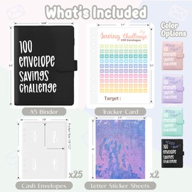 100 Envelopes Challenge Binder, A5 Money Saving Budget Binder with Cash Envelopes, Savings Challenges Book (Black)
