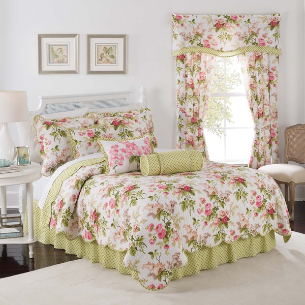 Waverly Emmas Garden Modern Farmhouse Floral 4-Piece Reversible Quilt Bedspread Set, Queen, Blossom