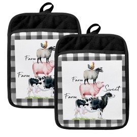 HUGANE Farmhouse Chicken Goat Pig Cow Oven Mitts Set, Farm Sweet Farm Black Buffalo Plaid Heat Resistant Kitchen Oven Gloves for Baking and Cooking,Pot Holders